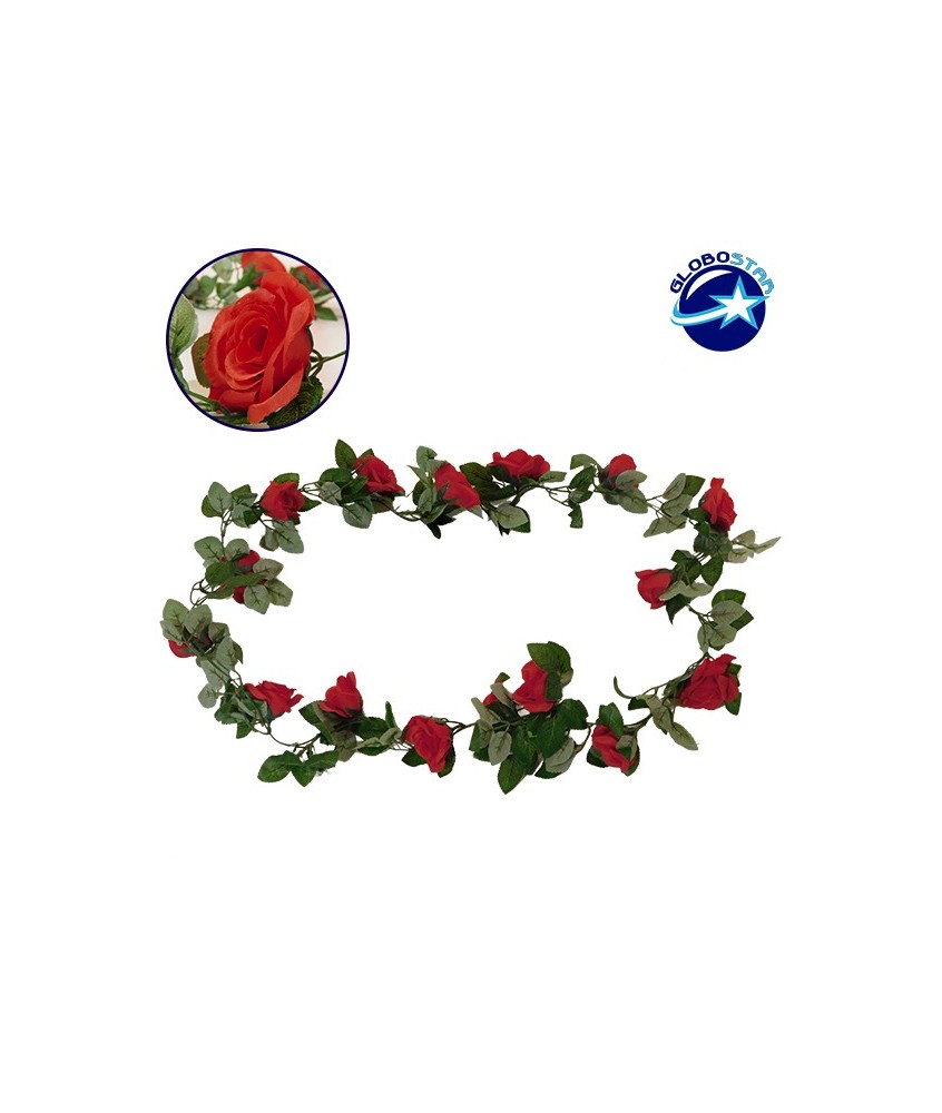 GloboStar® 09007 Τεχνητό Κρεμαστό Φυτό Διακοσμητική Γιρλάντα Μήκους 2 μέτρων με 16 X Μεγάλα Τριαντάφυλλα Κόκκινα